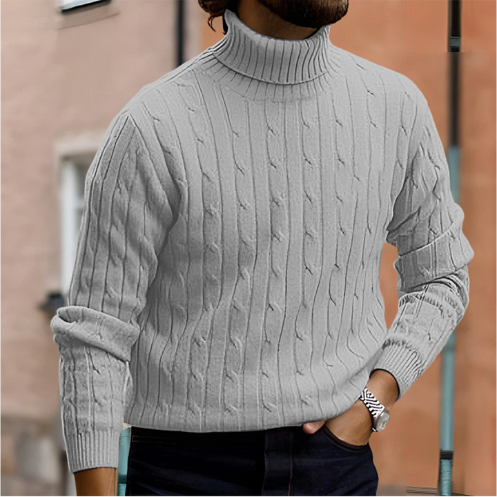 Classic men's cable knit turtleneck sweater, ideal for elegant winter style & staying warm.