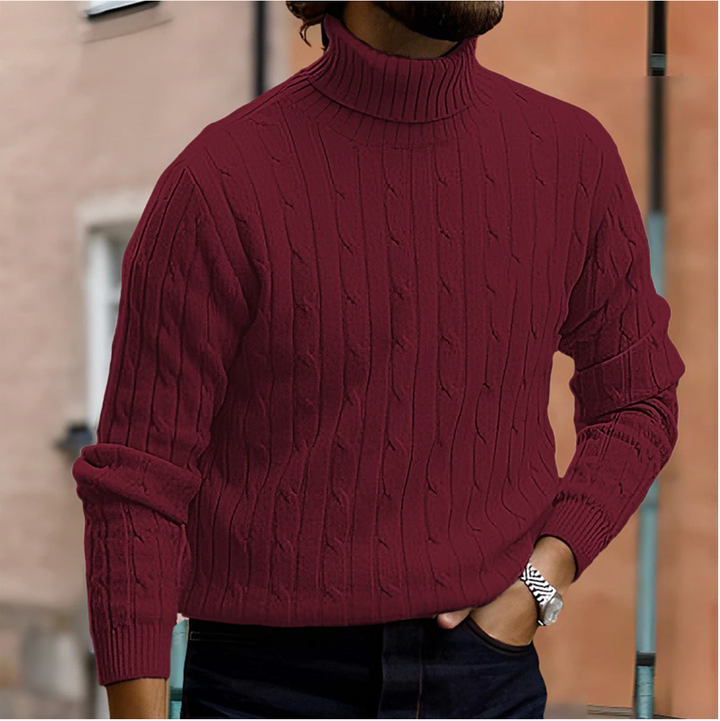 Comfortable men's knitwear: a versatile cable knit turtleneck sweater for ultimate winter warmth.