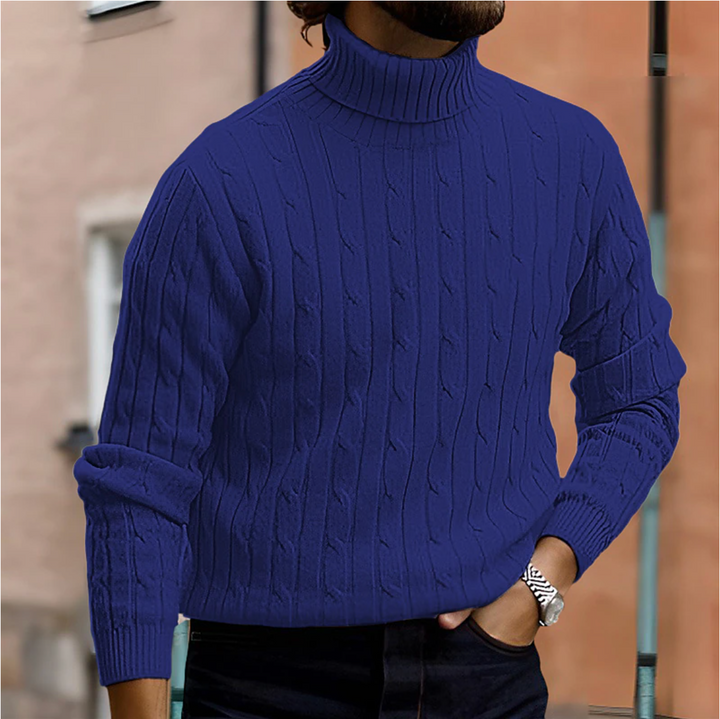 Fashionable men's cable knit turtleneck sweater, essential for smart casual winter layering.