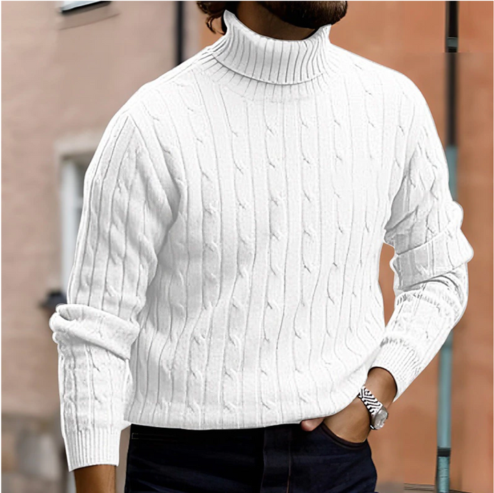Thick men's cable knit turtleneck sweater, offering exceptional warmth & sophisticated winter style.