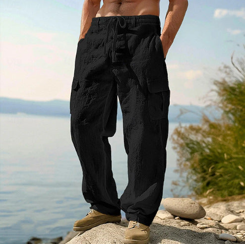 Khaki men's cargo pants with a relaxed fit, adjustable waist, & ample multi-pocket storage for utility.