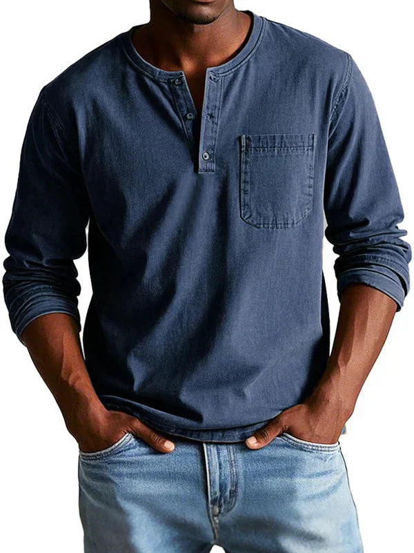 Men's casual apricot long sleeve button neck shirt, relaxed fit, perfect for spring and fall menswear.