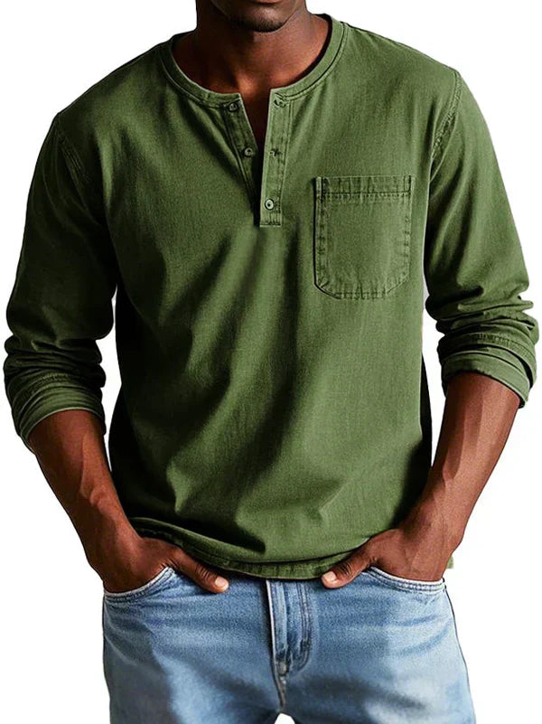 Comfortable men's long sleeve button neck shirt in a versatile casual style, ideal for everyday wear.