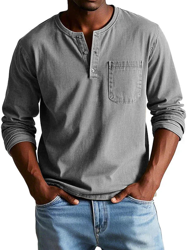 Close-up of the button-neck detail on a relaxed fit men's casual long sleeve shirt, menswear fashion.