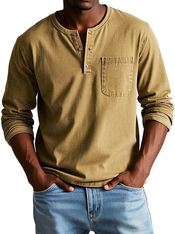 Men's fashion: long sleeve button neck shirt, made for comfort and versatility in spring/fall seasons.