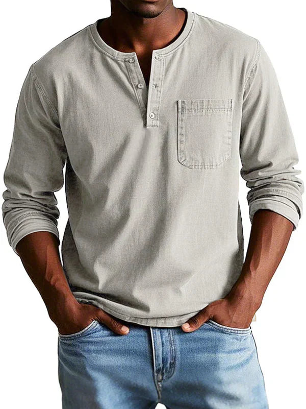 Versatile men's long sleeve button neck shirt, perfect for layering or as a stand-alone casual top.