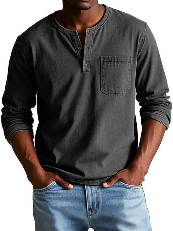 Everyday wear men's long sleeve button neck shirt, offering a relaxed fit and comfortable style.