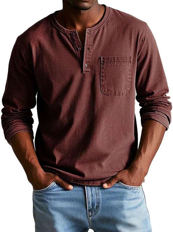 Spring/fall menswear: casual long sleeve button neck shirt, a comfortable and stylish addition to any wardrobe.