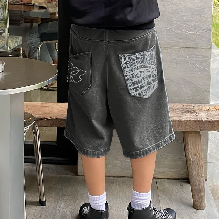 Stylish men's casual shorts for summer, loose fit Bermuda denim with beautiful floral embroidery.