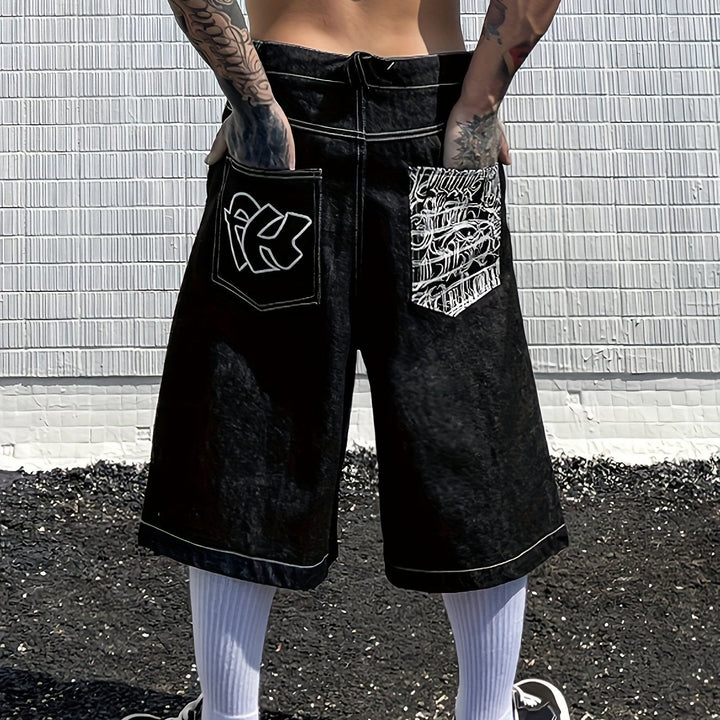 Soft denim men's loose fit Bermuda shorts, intricately designed with floral embroidery.