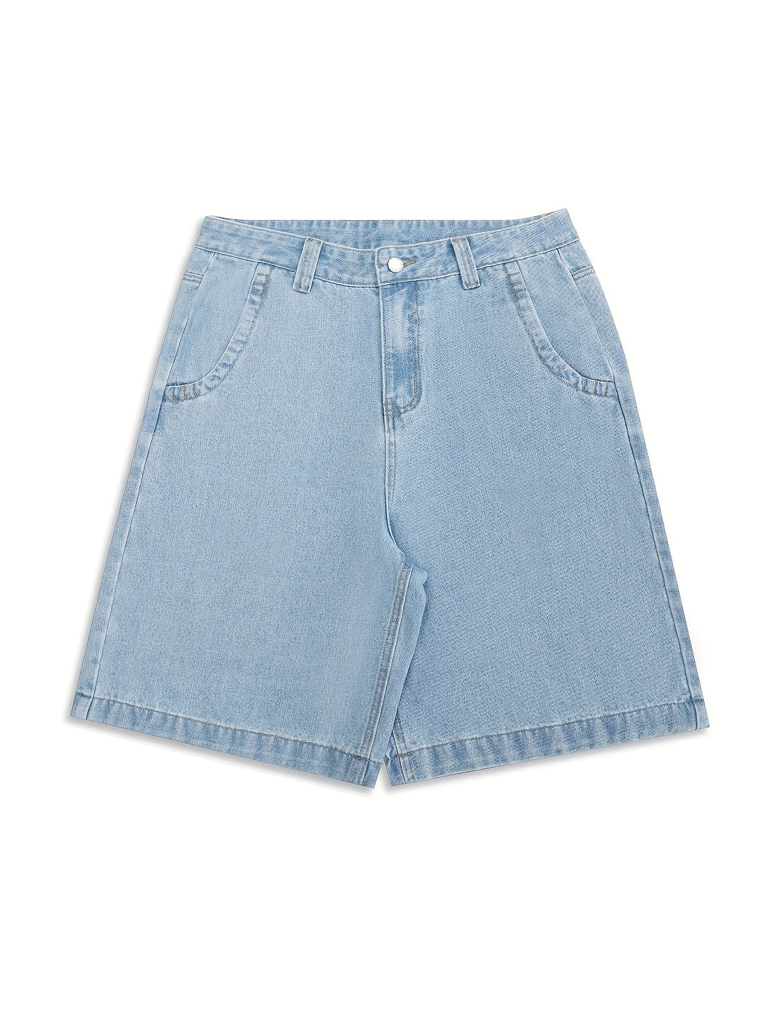 Back view of men's casual loose fit Bermuda shorts, denim with subtle floral embroidery details.
