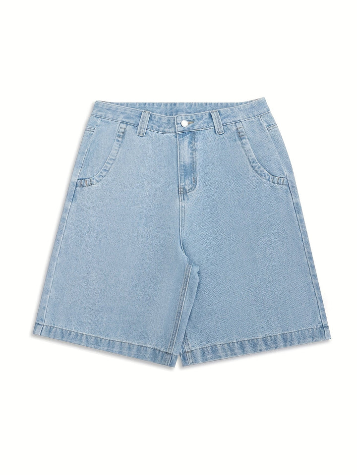 Back view of men's casual loose fit Bermuda shorts, denim with subtle floral embroidery details.