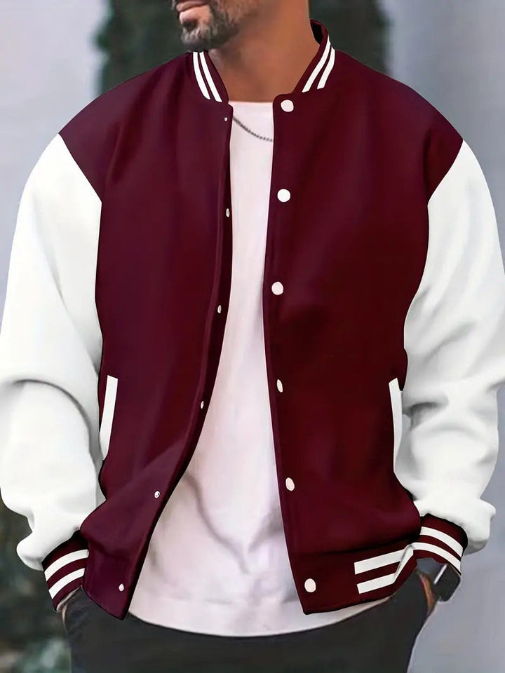 Stylish men's bomber jacket in dark blue, perfect for casual wear, showcasing zipper and side pockets.