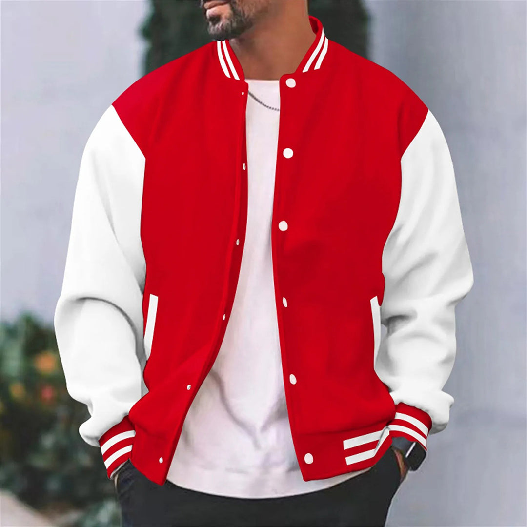 Front view of a men's casual bomber jacket, featuring a sturdy zipper and classic design for everyday fashion.
