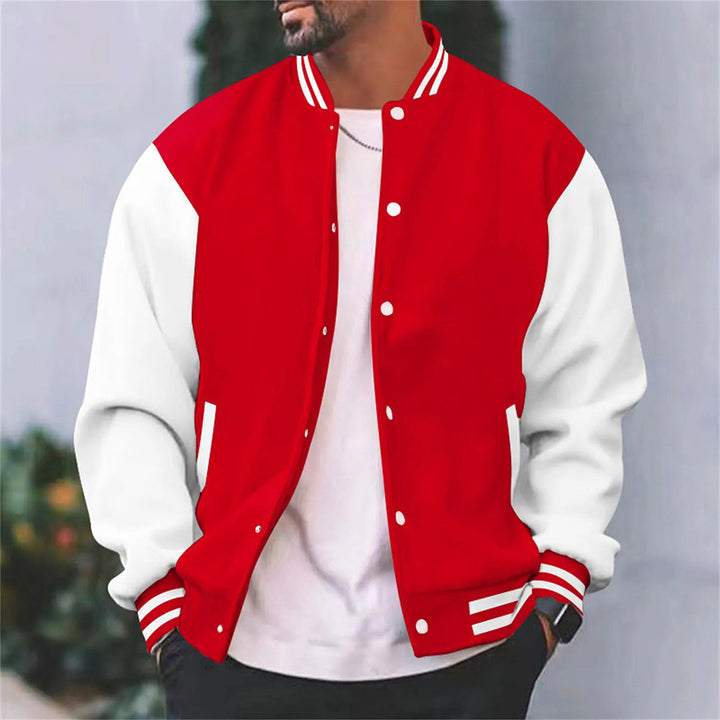 Front view of a men's casual bomber jacket, featuring a sturdy zipper and classic design for everyday fashion.