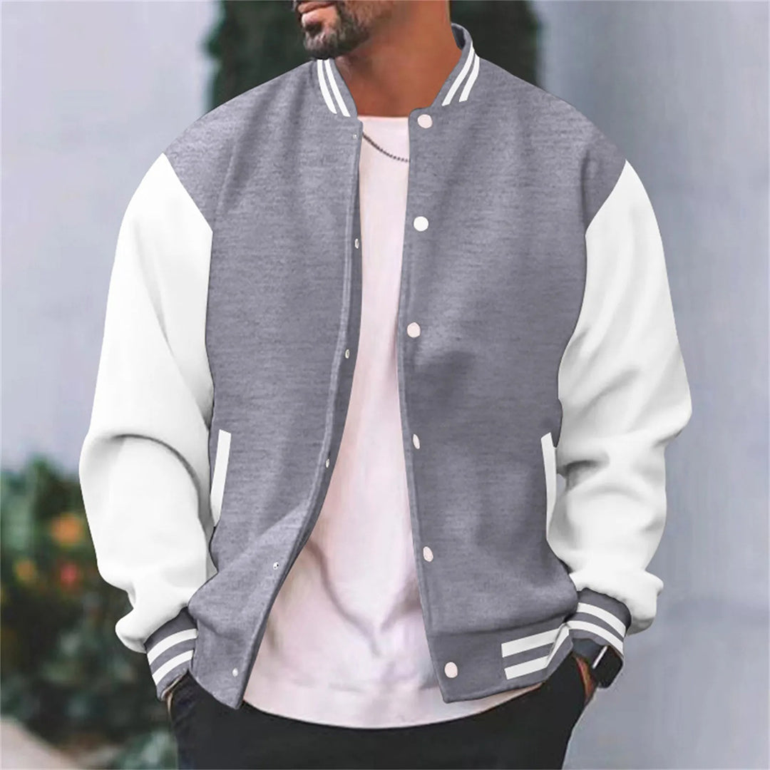 Side profile of a men's bomber jacket, a fashionable piece of outerwear with a comfortable fit.