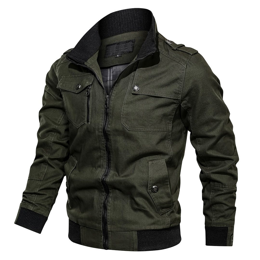 Men's casual brown zip-up utility jacket with ribbed cuffs, front view for outdoor wear.