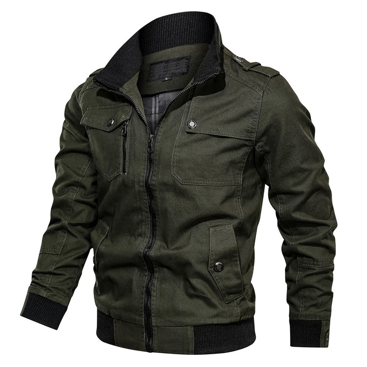 Men's casual brown zip-up utility jacket with ribbed cuffs, front view for outdoor wear.