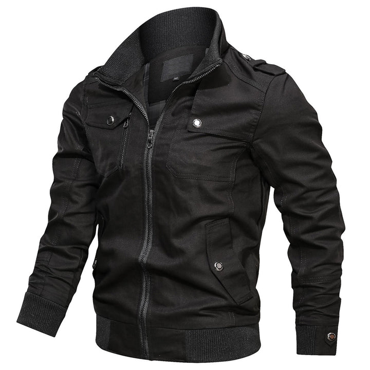 Close-up of ribbed cuffs on a men's zip-up utility jacket, showcasing casual wear detail.