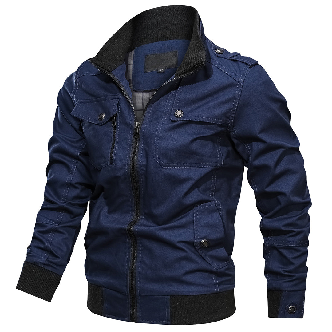 Back view of a men's versatile utility jacket with zip-up closure and ribbed cuffs, perfect for outdoors.