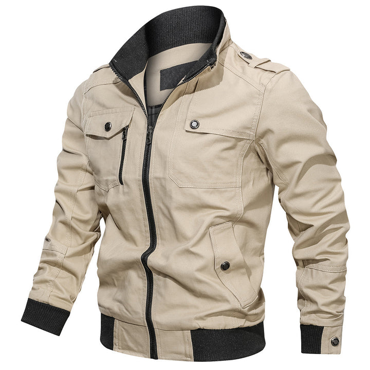 Men's fashion: casual zip-up utility jacket in natural color with ribbed cuffs and functional pockets.