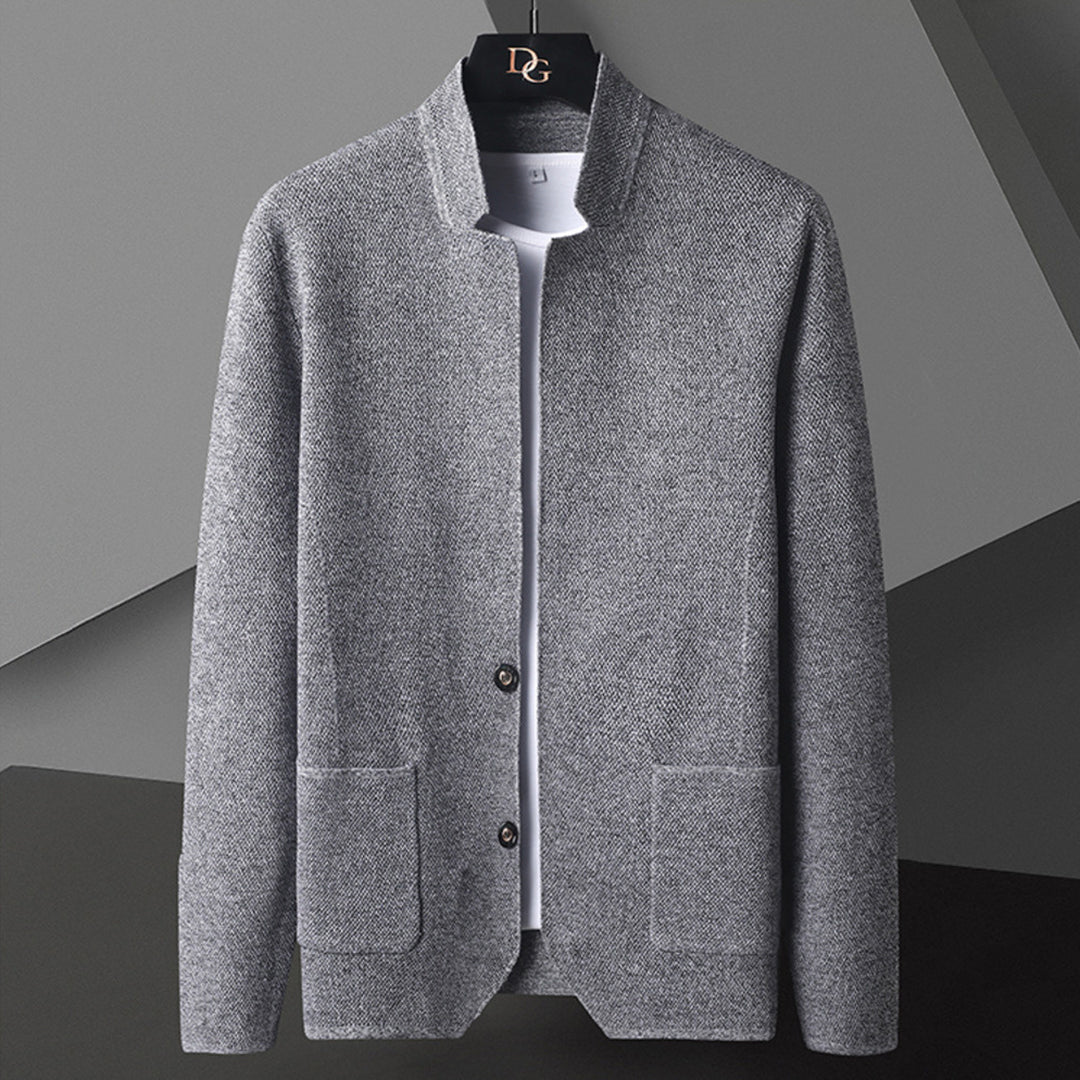 Men's casual button-down jacket with mandarin collar, relaxed fit for spring & fall outerwear.