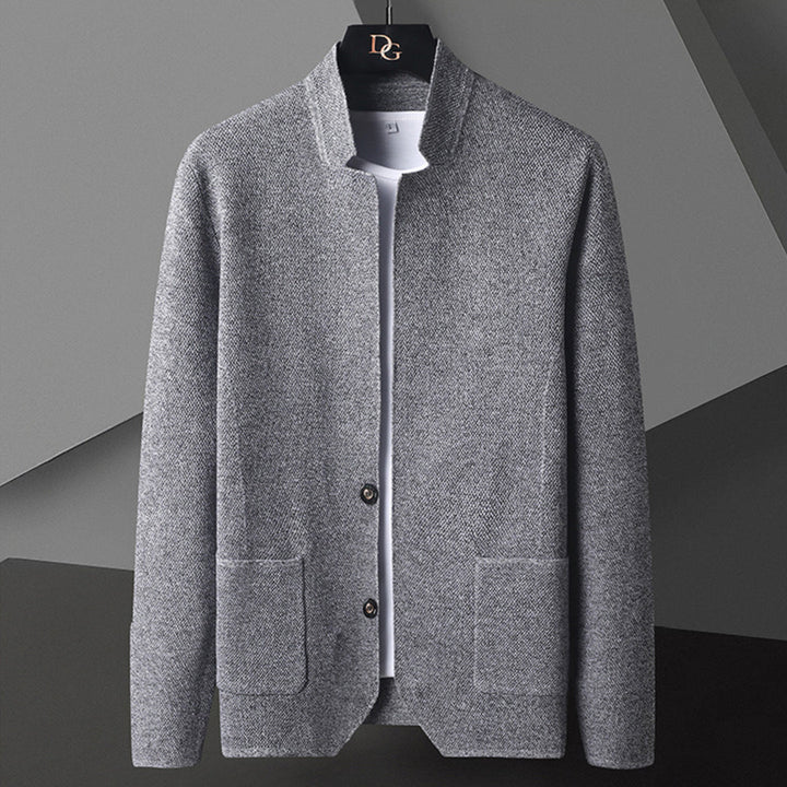 Men's casual button-down jacket with mandarin collar, relaxed fit for spring & fall outerwear.