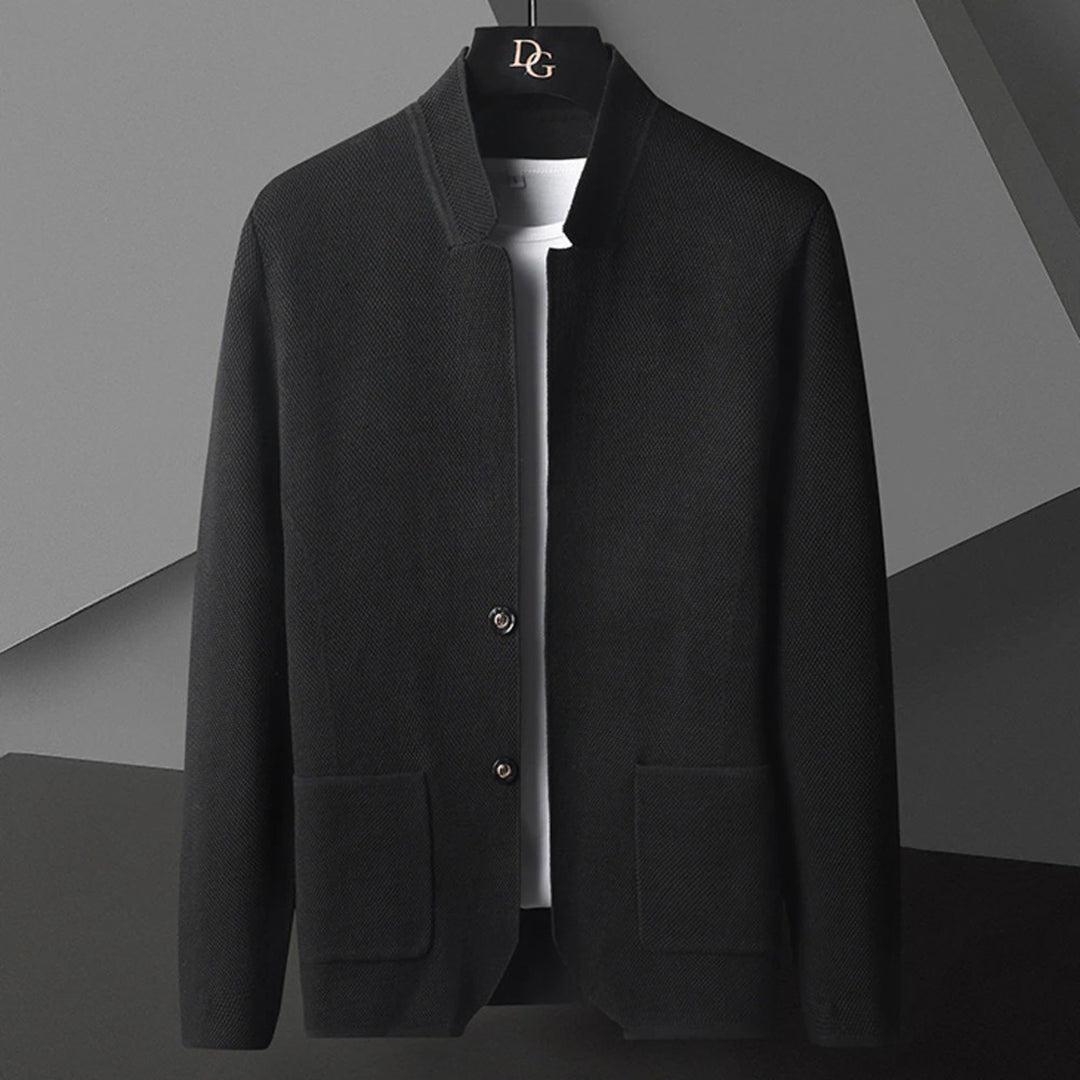 Everyday men's button-down outerwear. Casual spring/fall jacket with a modern mandarin collar design.