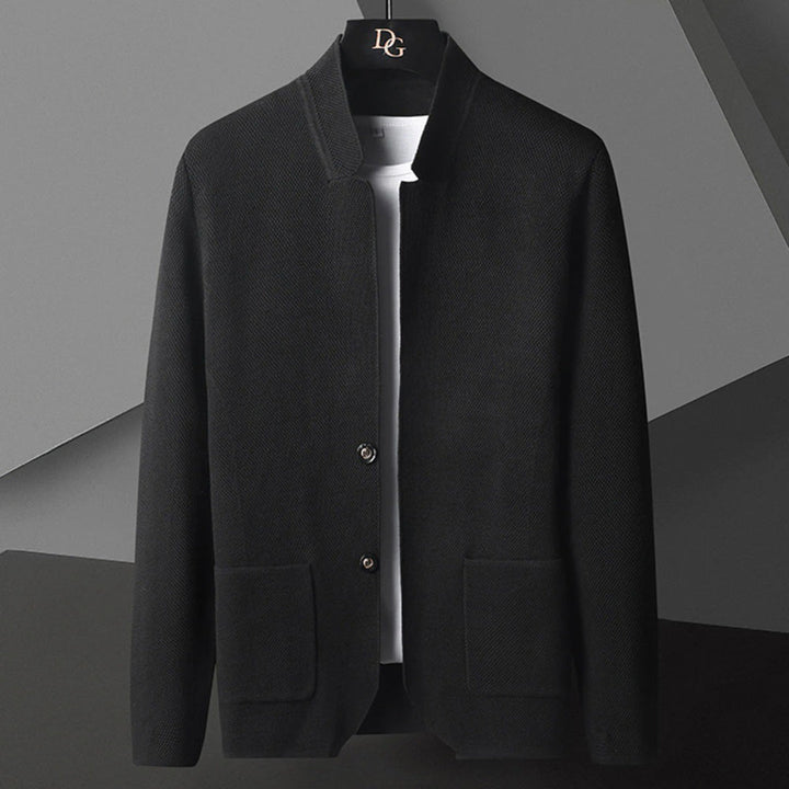Everyday men's button-down outerwear. Casual spring/fall jacket with a modern mandarin collar design.