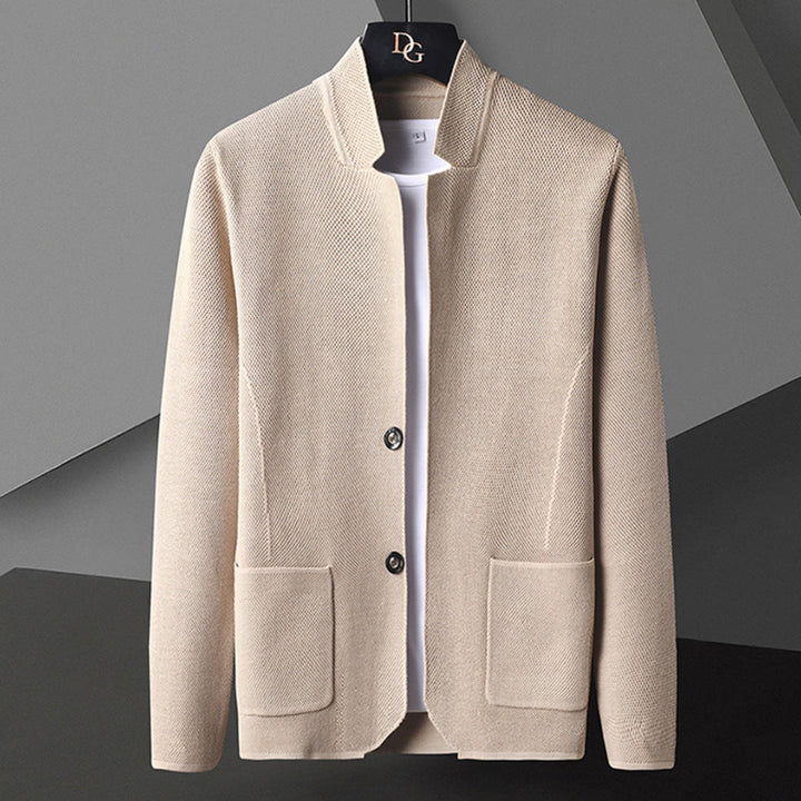 Modern men's casual jacket. Button-down design with a distinctive mandarin collar, relaxed fit fashion.