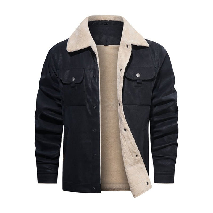 Men's casual button-down jacket with warm sherpa collar, perfect for fall & winter style.