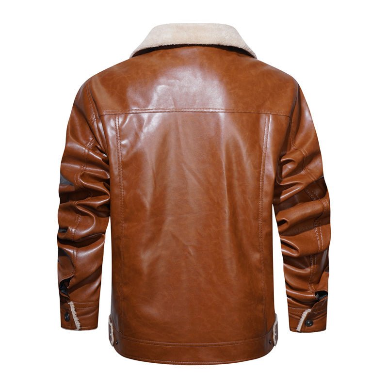 Warm men's button-down jacket with cozy sherpa collar & flap pockets, ideal for winter style.