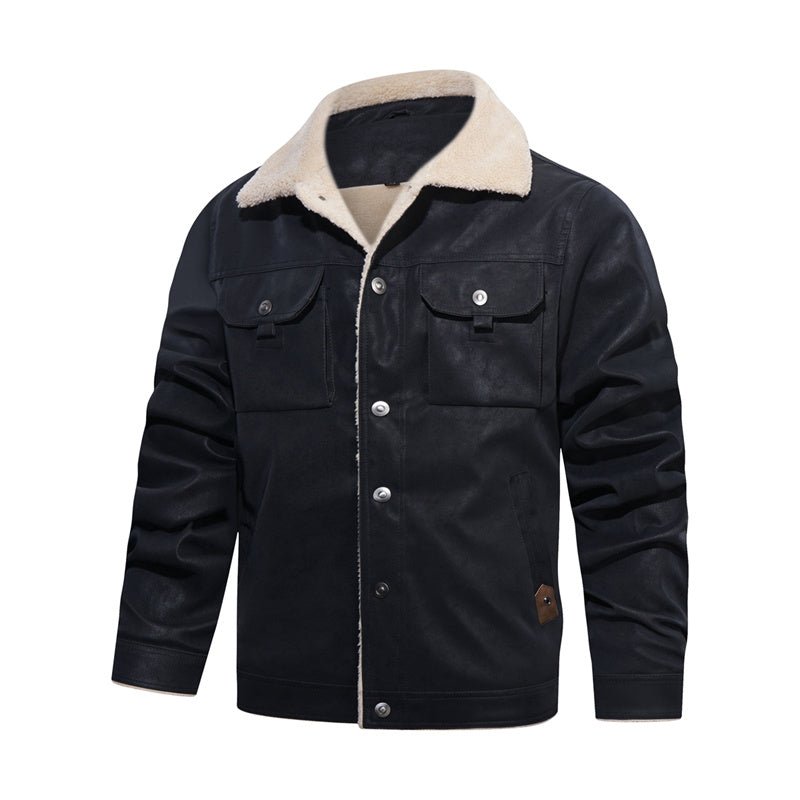 Versatile men's button-down jacket with a warm sherpa collar, suitable for various fall & winter occasions.