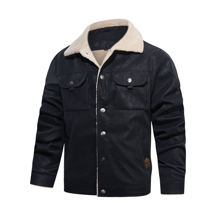 Versatile men's button-down jacket with a warm sherpa collar, suitable for various fall & winter occasions.