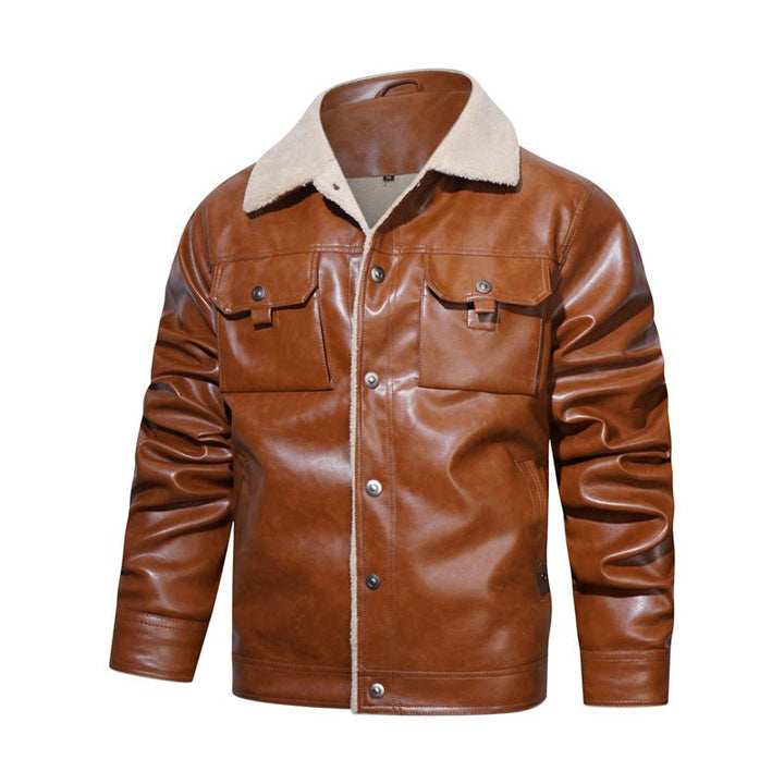 Stylish men's jacket with button-down front & warm sherpa collar, essential for everyday fall fashion.