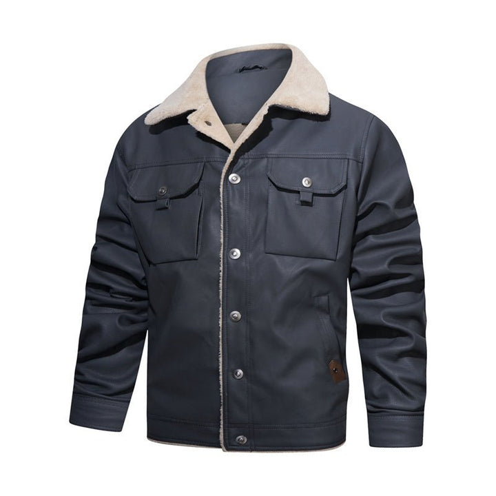 Men's casual jacket: button-down front, warm sherpa collar & flap pockets. Ideal for fall & winter style.