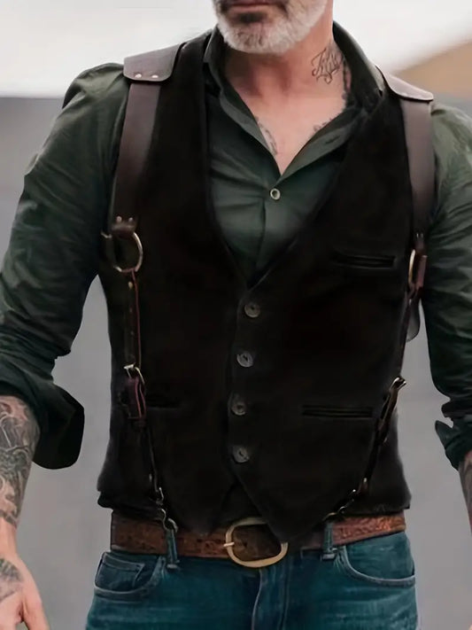 Men's casual button-front vest with unique shoulder strap design, perfect for modern layering.