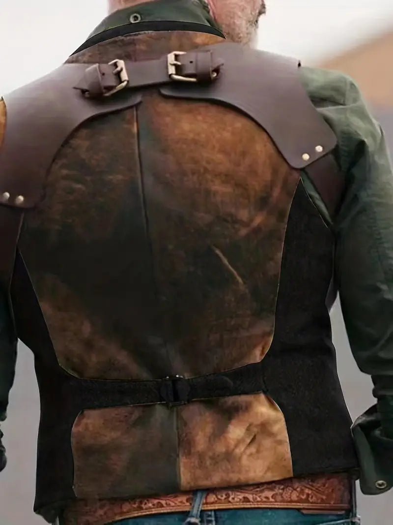 Stylish men's sleeveless vest featuring a classic button front and distinctive shoulder straps.