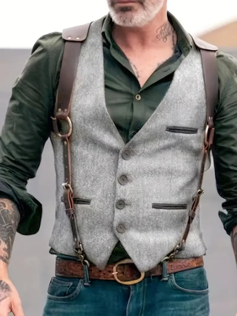 Modern men's outerwear vest with a button-front closure and fashionable shoulder strap detail.