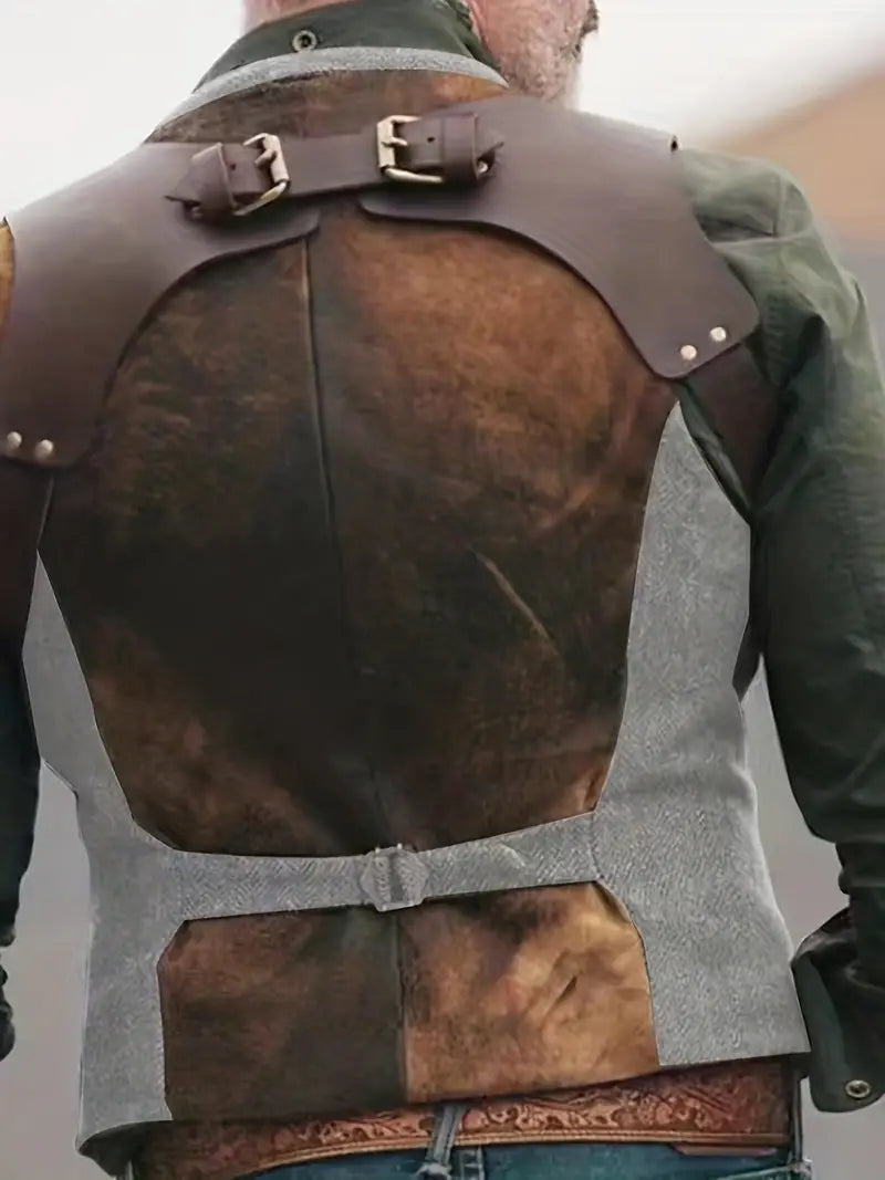 Men's fashion vest, button-front style with a unique shoulder strap accent, ideal for casual wear.
