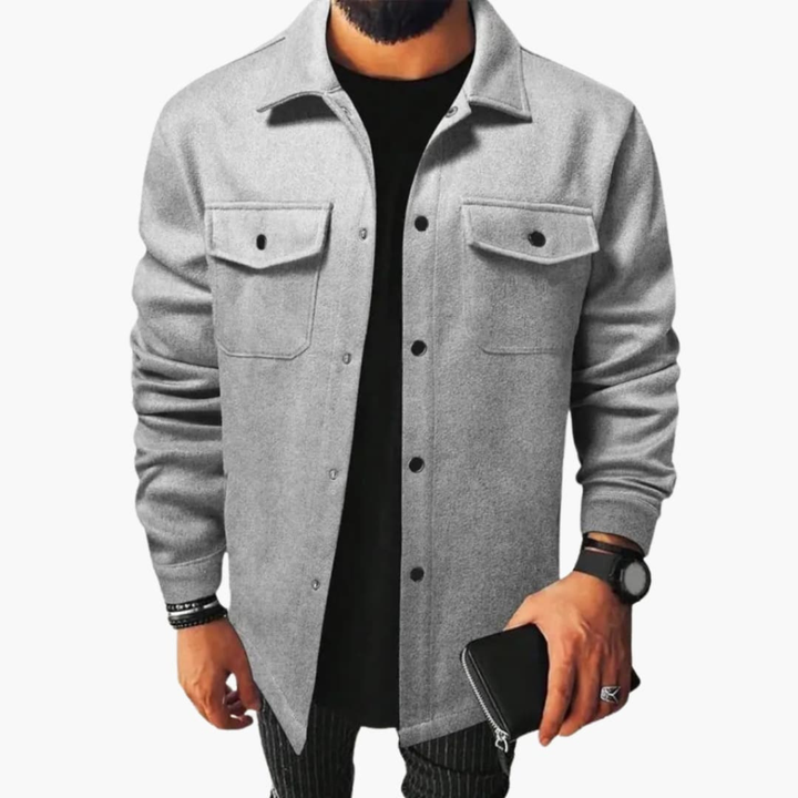 Men's casual button-up shirt jacket, perfect for versatile layering in transitional weather.