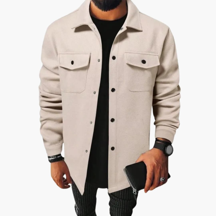 Stylish men's long-sleeve shirt jacket with chest pockets, ideal casual outerwear.