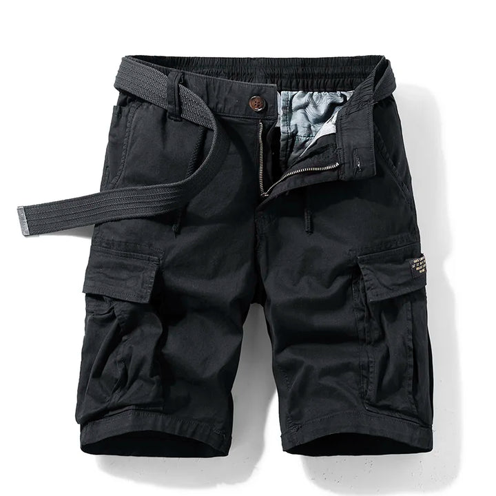 Grey casual men's cargo shorts featuring a comfortable drawstring waist. Ideal for summer fashion.