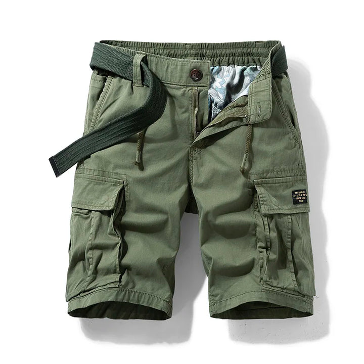 Black men's casual cargo shorts, relaxed fit with practical drawstring waist. Great for summer.