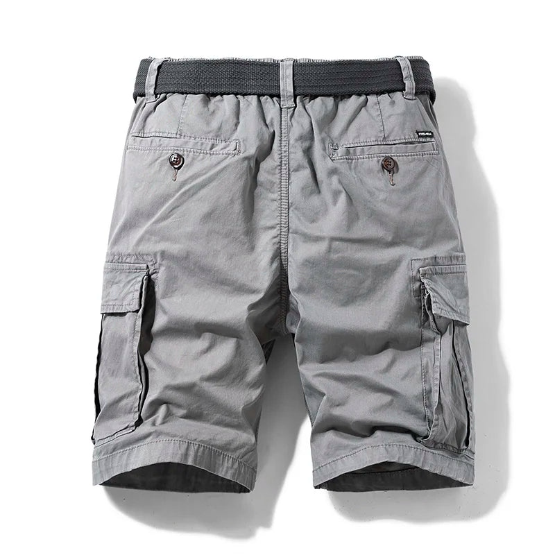 Army green men's cargo shorts with drawstring waist. A comfortable and stylish choice for summer.