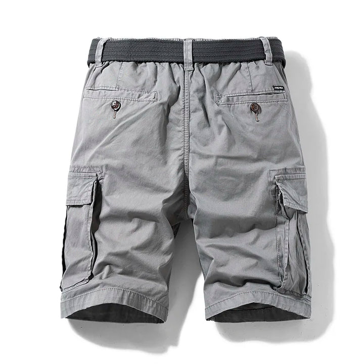 Army green men's cargo shorts with drawstring waist. A comfortable and stylish choice for summer.