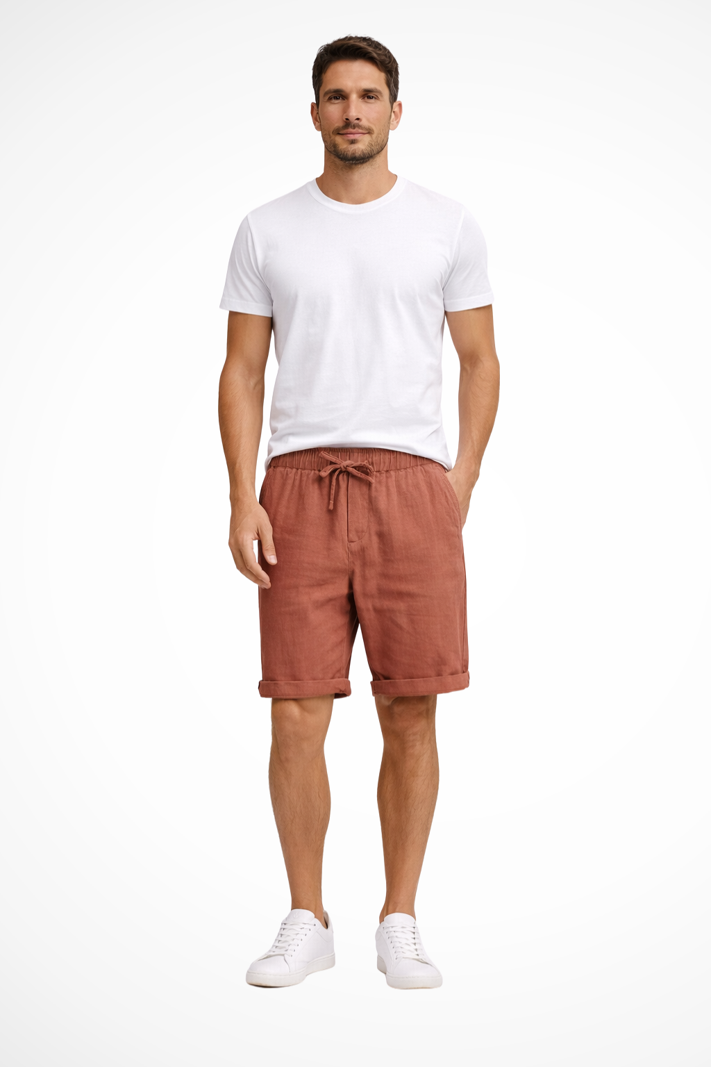 Men's casual drawstring shorts with elastic waist, knee-length, ideal for summer comfort and relaxed fit.
