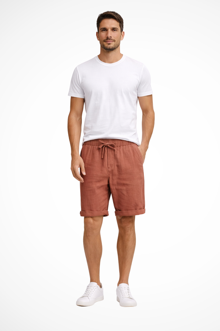 Men's casual drawstring shorts with elastic waist, knee-length, ideal for summer comfort and relaxed fit.