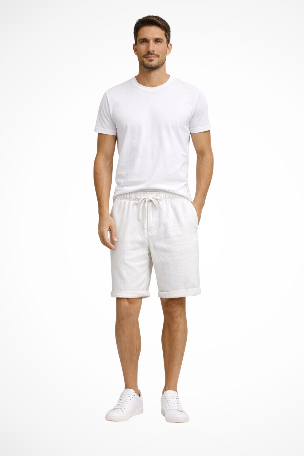 Lightweight men's casual shorts, elastic waist, drawstring closure, side pockets, ideal for warm weather comfort.