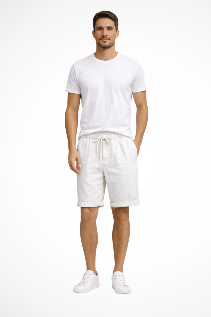Lightweight men's casual shorts, elastic waist, drawstring closure, side pockets, ideal for warm weather comfort.